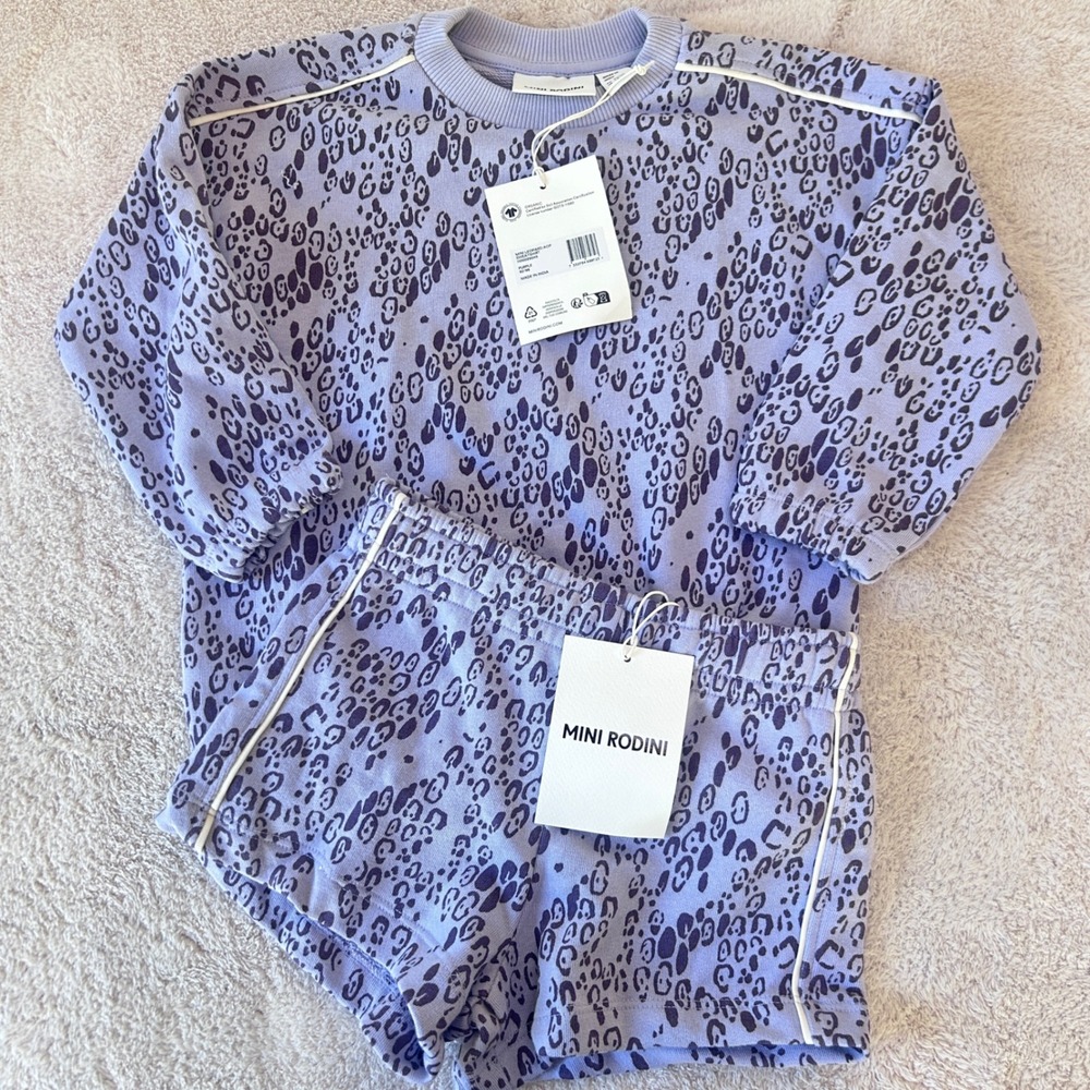 Mini Rodini Purple Leopard Print Sweatshirt and Shorts Set 92/98 1.5-3Y NWT